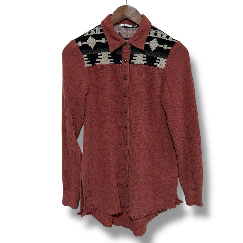 BKE Rust Red Button-Down Shirt with Black & Cream Aztec Yoke